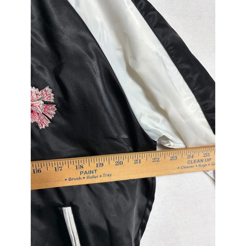 Odyn Womens XL Satin Floral Embroidered Bomber Jacket Black White Sporty Retro